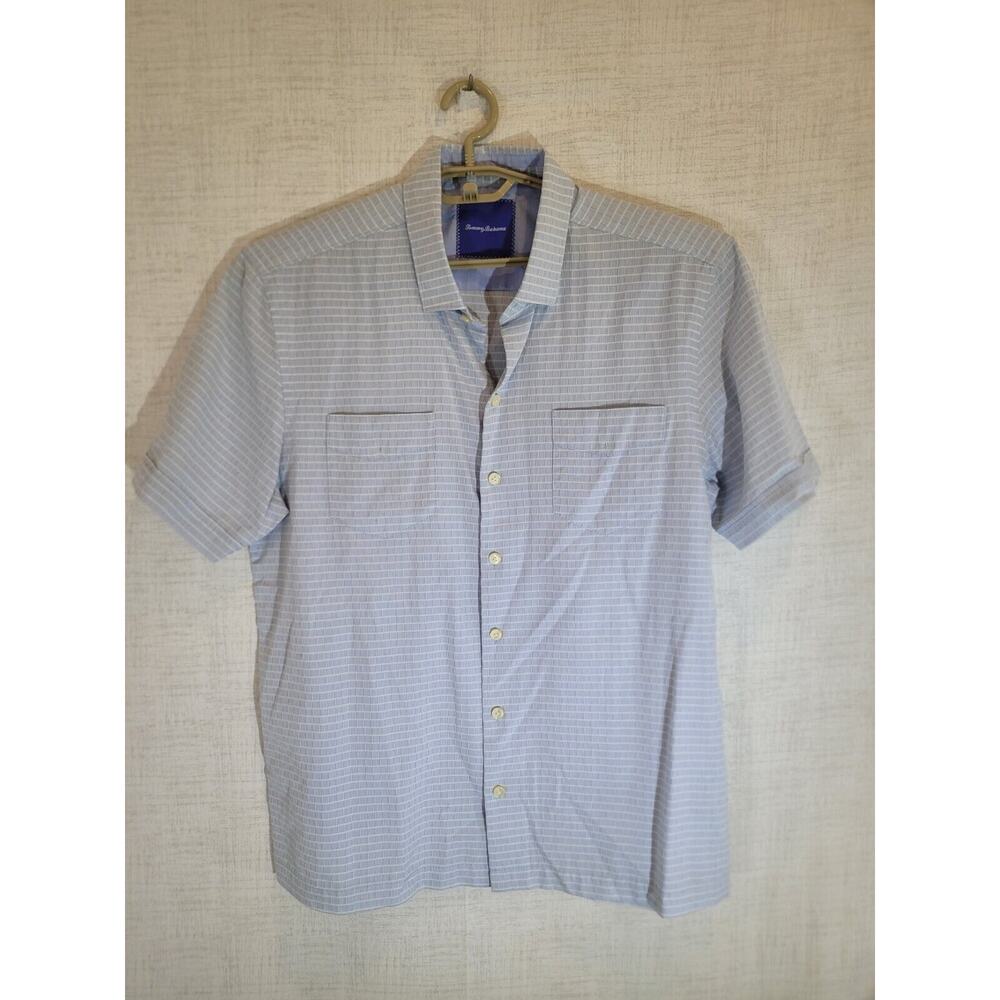 Tommy Bahama Short Sleeve Button Up Mens Large Blue Cotton Silk Blend Casual EUC